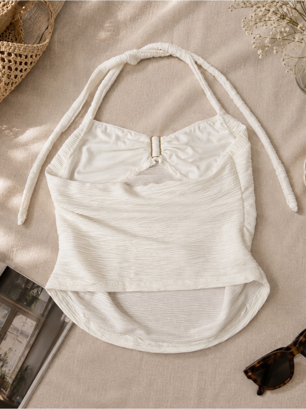 White Halter Textured Tank Top with Gold Accent - Picture 2 of 3